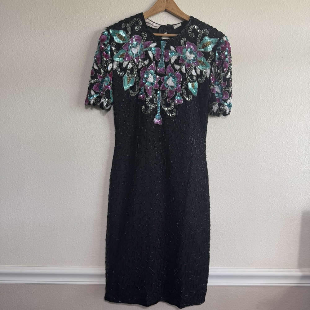 Vintage LAURENCE KAZAR New York 80s Beaded Silk Formal Sheath Dress Size Small